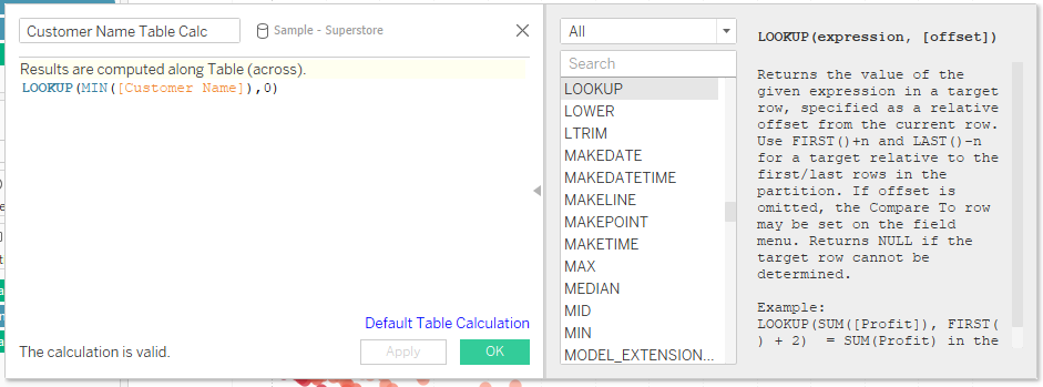 LOOKUP table calculation