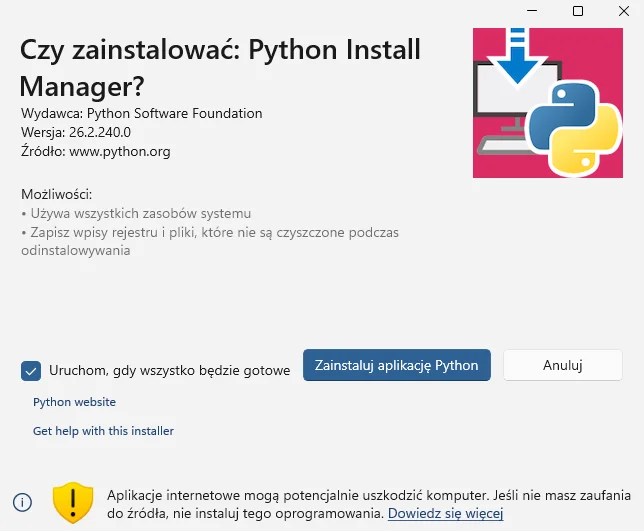 Instalacja Python Install Manager – okno z wydawcą Python Software Foundation