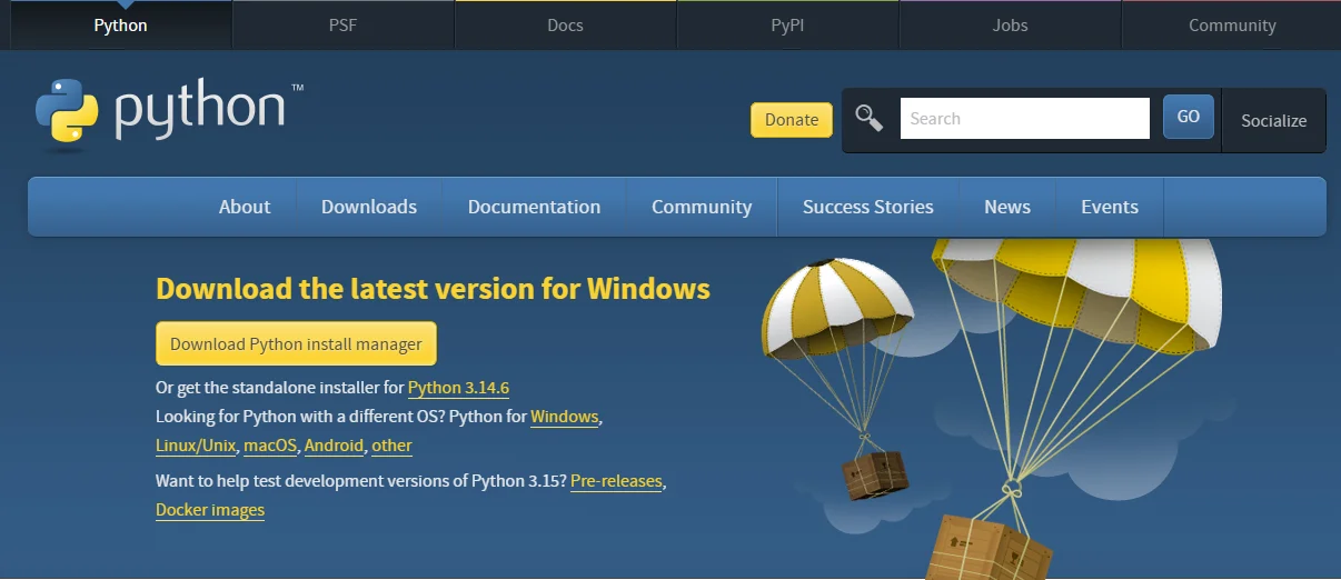 Pobieranie Pythona ze strony python.org – przycisk Download Python install manager