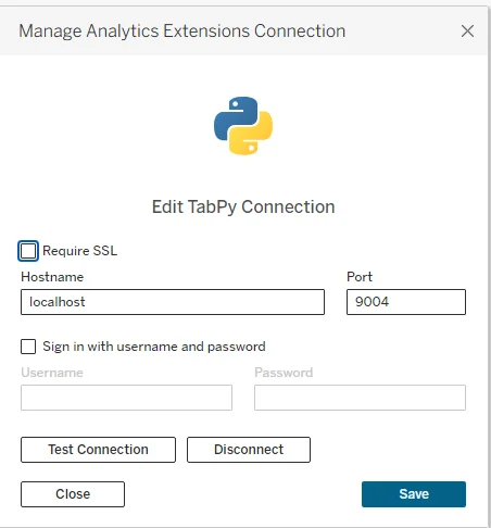 Połączenie TabPy z Tableau – konfiguracja localhost i port 9004, komunikat Successfully connected