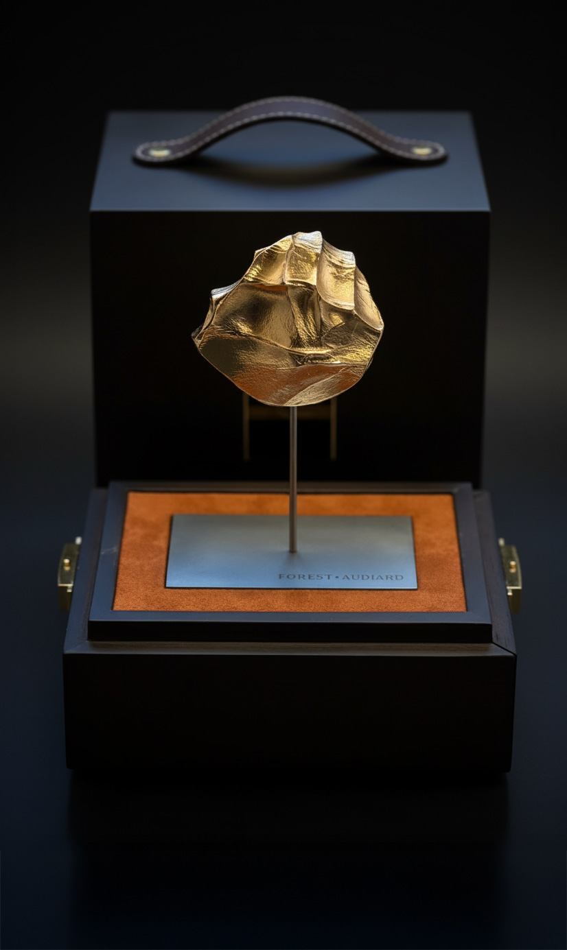 L’Étreinte by Forest Audiard — a 24-carat yellow-gilded bronze sculpture presented in its smoked oak case.