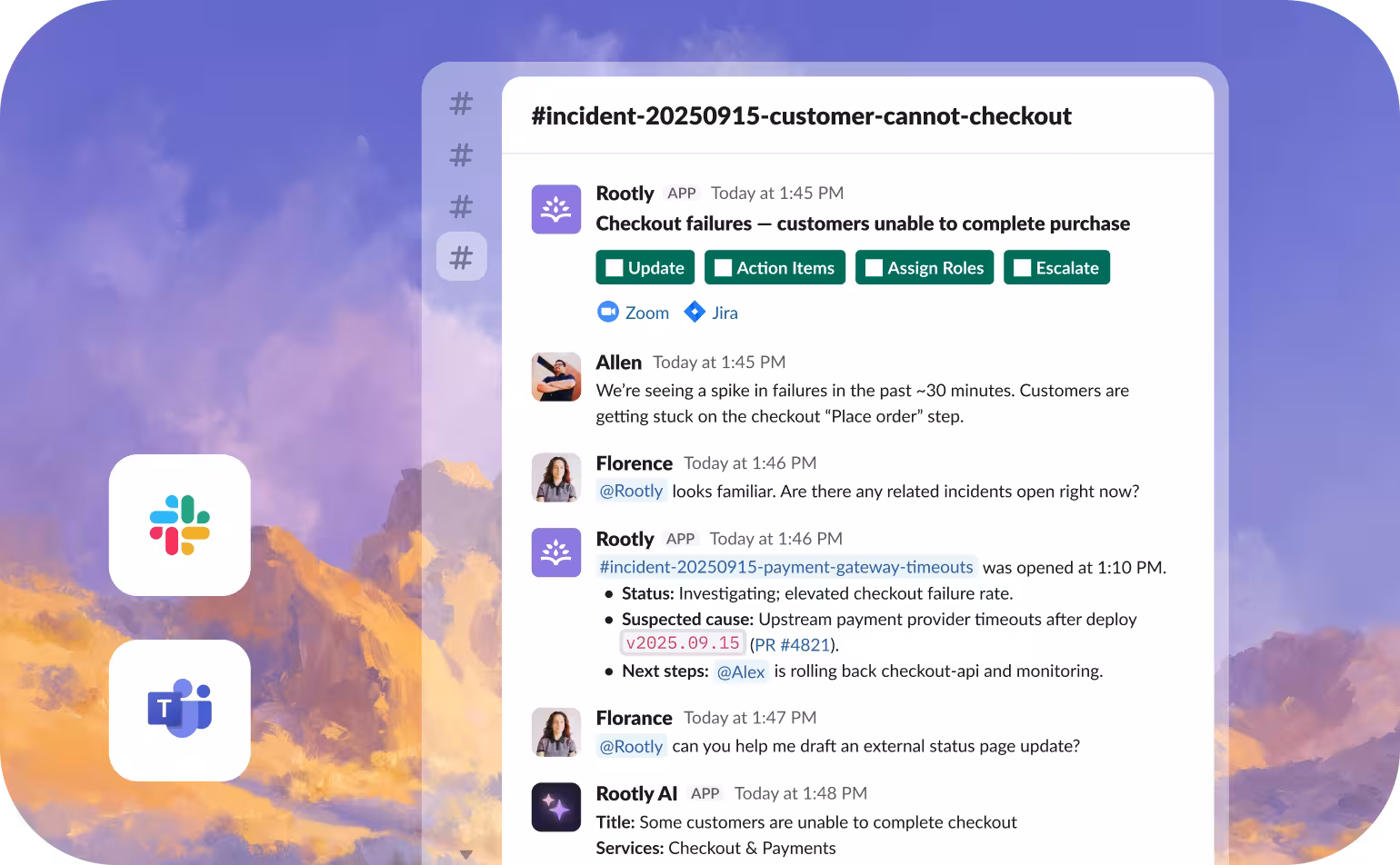 Screenshot of a Slack conversation in the channel #incident-20250915-customer-cannot-checkout discussing checkout failures and investigation updates.