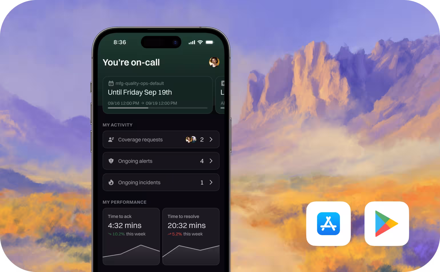 Smartphone screen displaying an on-call management app with activity and performance metrics against a colorful mountain landscape background, with app store icons.