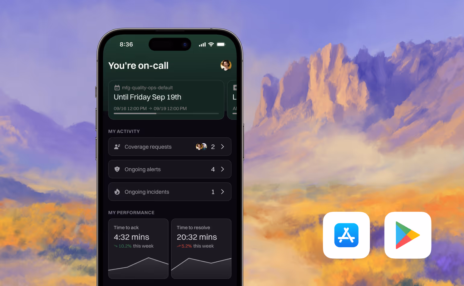 Smartphone screen displaying an on-call management app with activity and performance metrics against a colorful mountain landscape background, with app store icons.