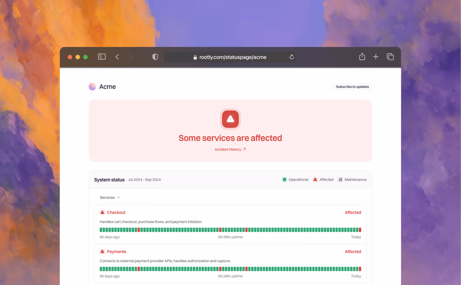 Status dashboard for Acme showing some services affected, with checkout and payments marked as affected but mostly operational uptime bars.