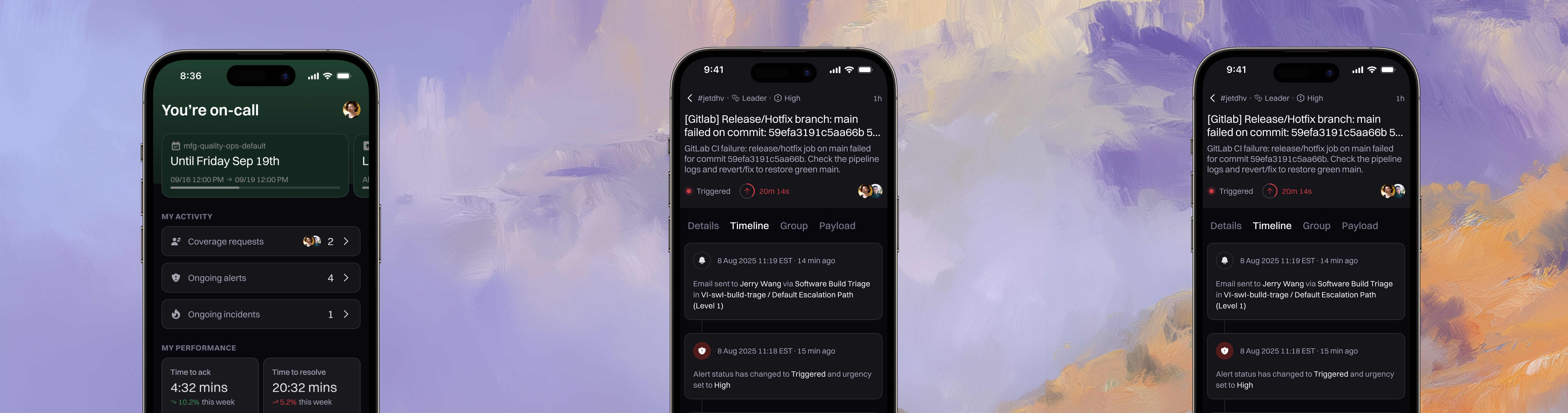 Smartphone screen showing a GitLab CI alert for a failed release/hotfix job on the main branch with timeline details and triggered status.