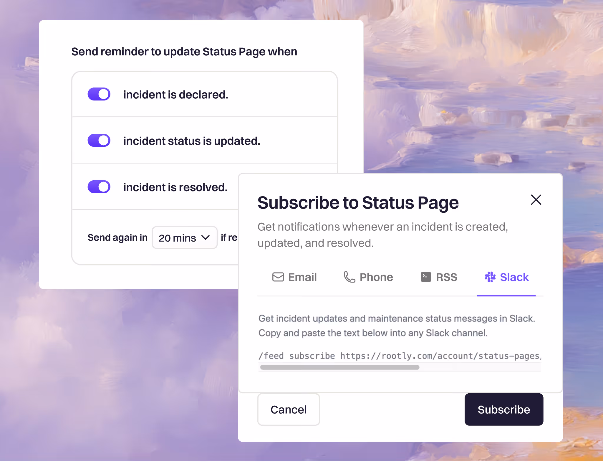 User interface showing options to send reminders when an incident is declared, updated, or resolved, and a subscription popup for receiving status page updates via Email, Phone, RSS, or Slack.