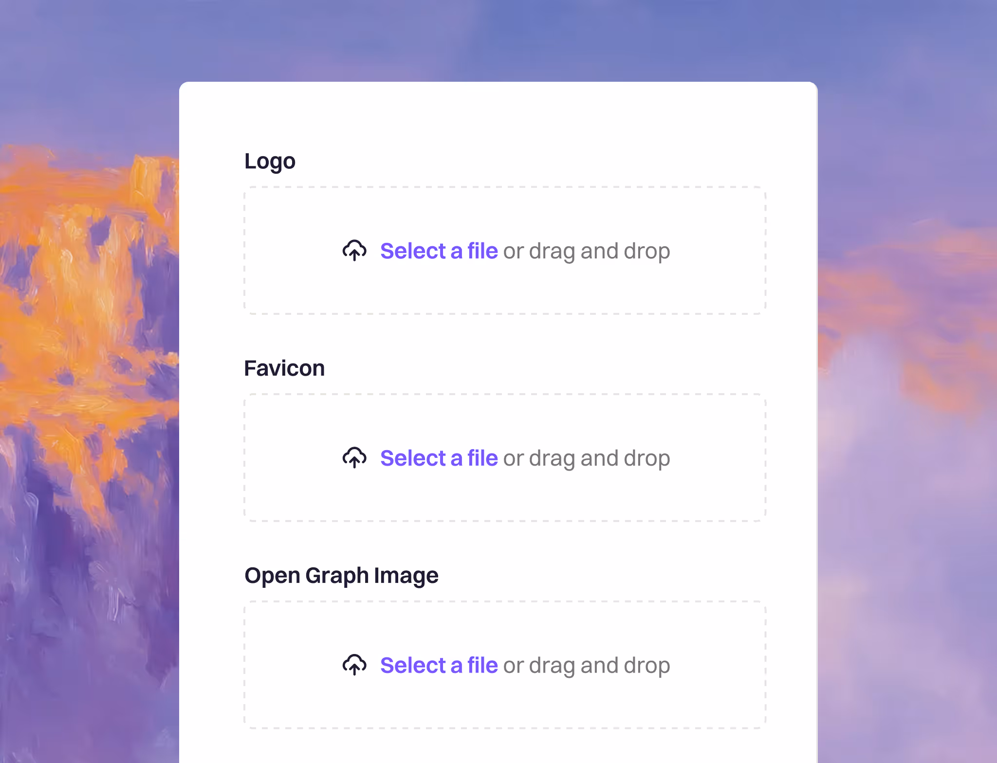 User interface screen for uploading Logo, Favicon, and Open Graph Image files with options to select or drag and drop files.