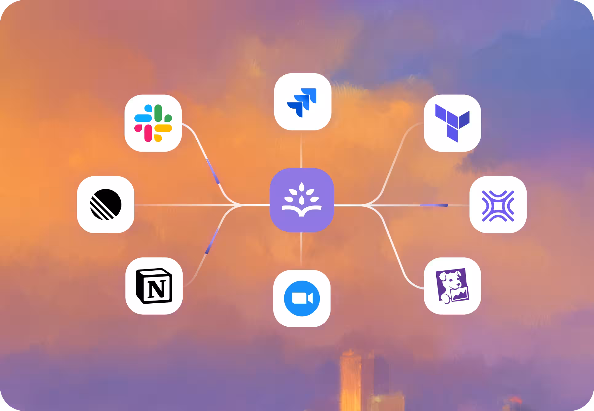 Central purple app icon connected with lines to eight icons for Slack, Jira, Terraform, BambooHR, Datadog, Zoom, Notion, and Linear against a purple-orange cloud background.
