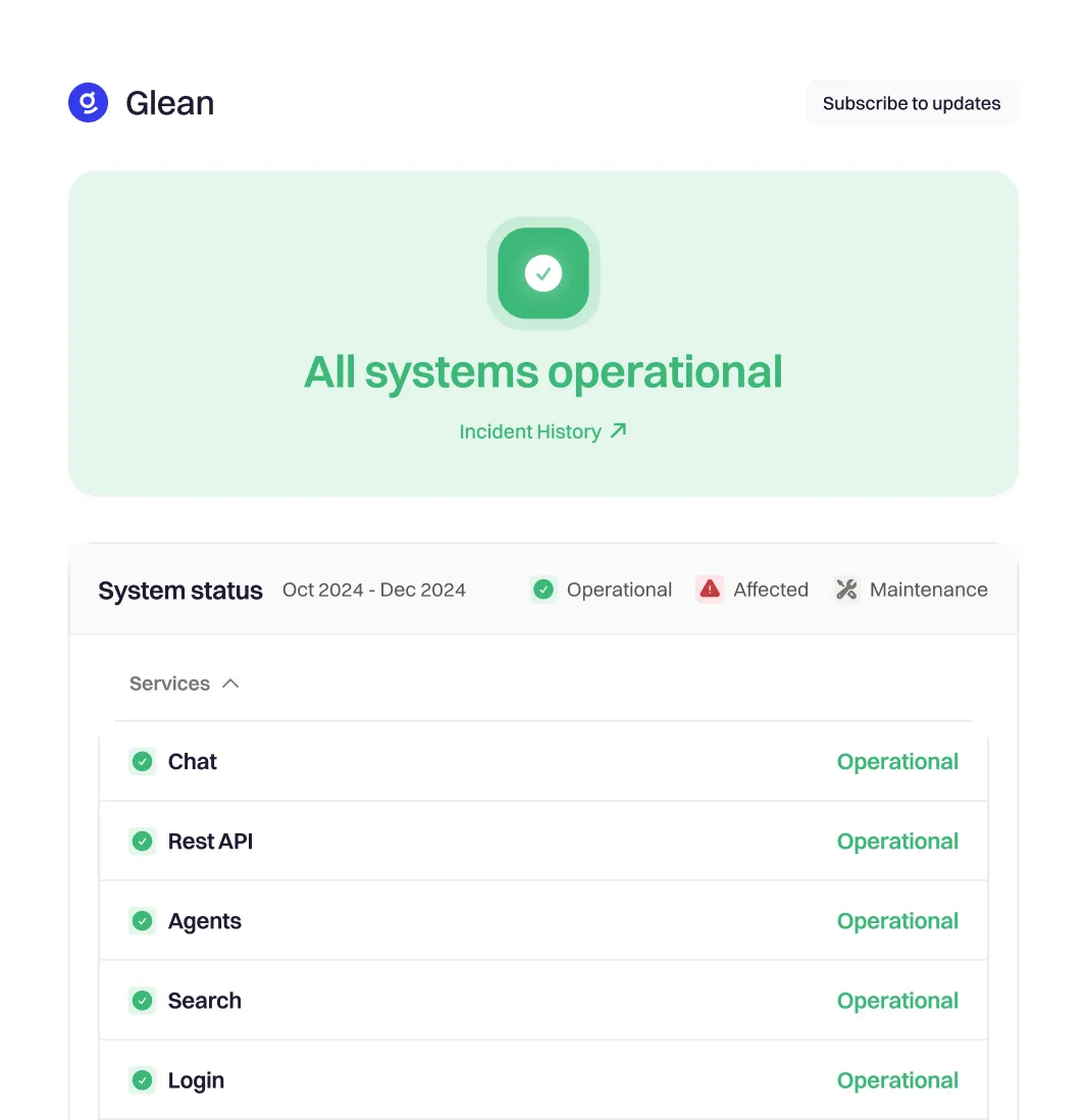 Glean system status page showing all systems operational including Chat, Rest API, Agents, Search, and Login services.