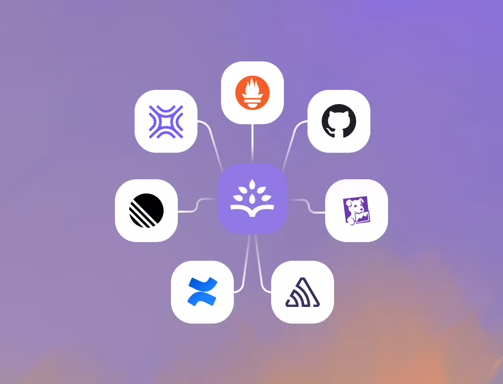 Purple central icon connected by lines to seven surrounding icons including Prometheus, GitHub, and other software and productivity tools on a purple background.