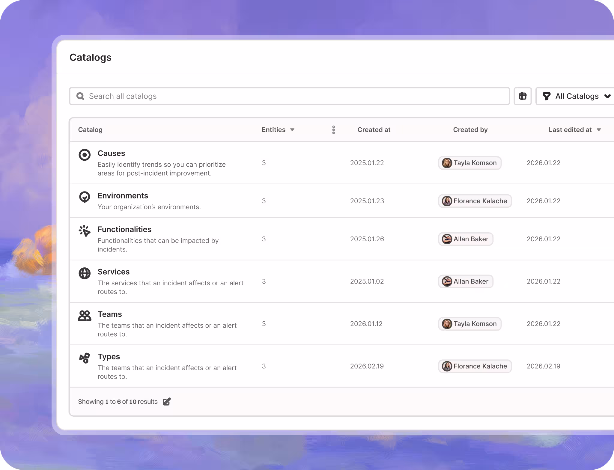 Dashboard showing a catalog list with columns for Catalog, Entities, Created at, Created by, and Last edited at; six catalogs listed with icons and descriptions.