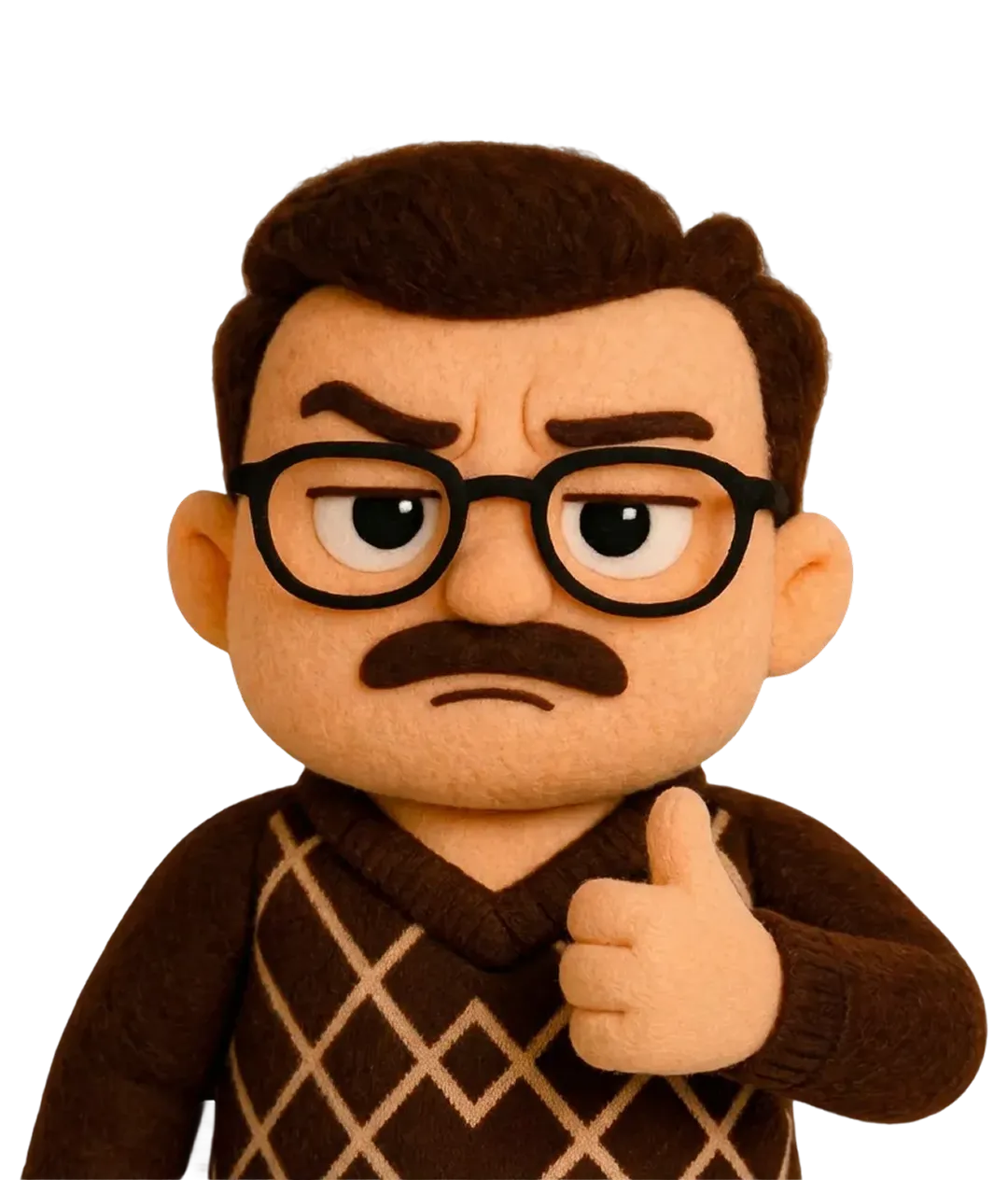 Emoji-Figur mit braunem Pullover, Brille, Schnurrbart und erhobenem Daumen.