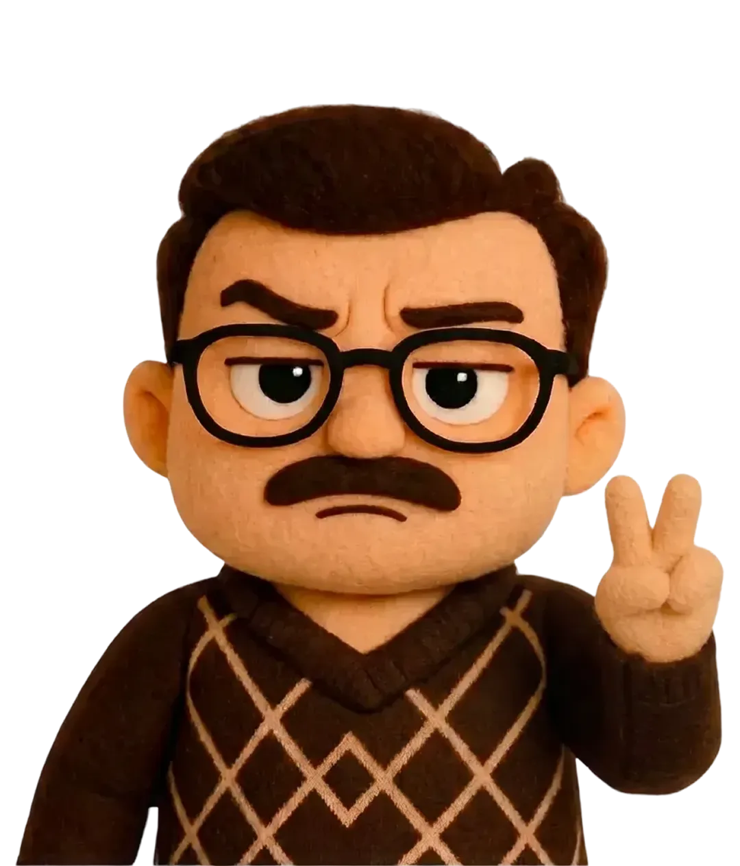 Plüschfigur eines Mannes mit Brille, Schnurrbart und braunem Rautenmuster-Pullover, der zwei Finger zeigt.