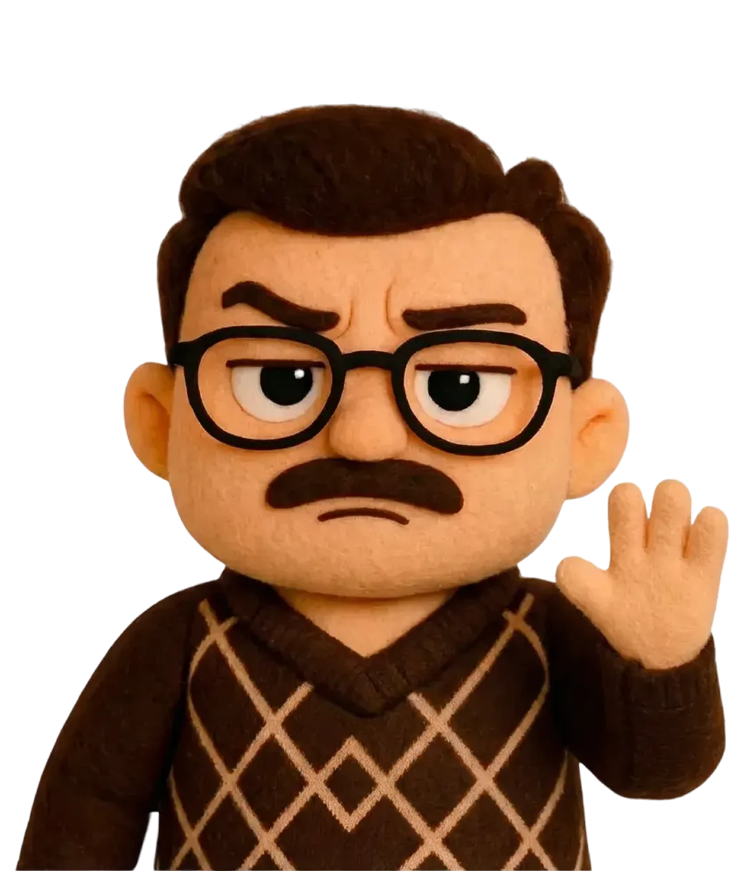 Figur mit braunem Jackett, Brille und hochgezogenen Augenbrauen hebt eine Hand zum Winken.