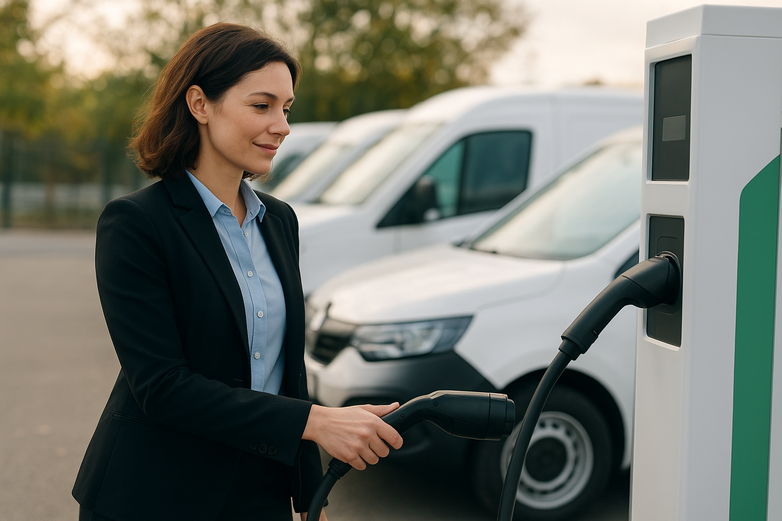 Business professional plugging an electric vehicle into a charging station, symbolizing customer resilience and smart charging solutions for electric transport.