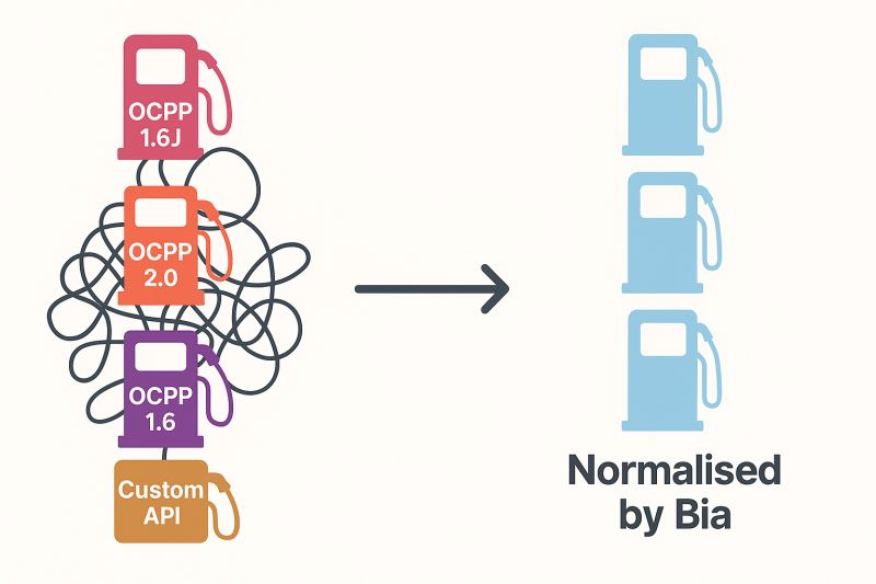 Fleet depot with a mix of AC, DC fast, and heavy-duty chargers connected to electric vehicles, representing interoperability and smart charging management systems for EV fleets.