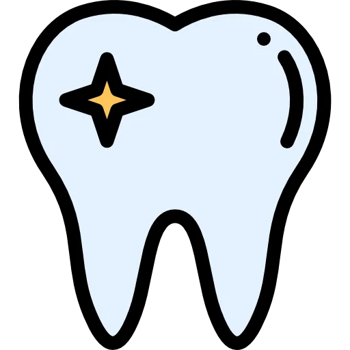 Illustration of a white tooth with a sparkle indicating cleanliness or whiteness.