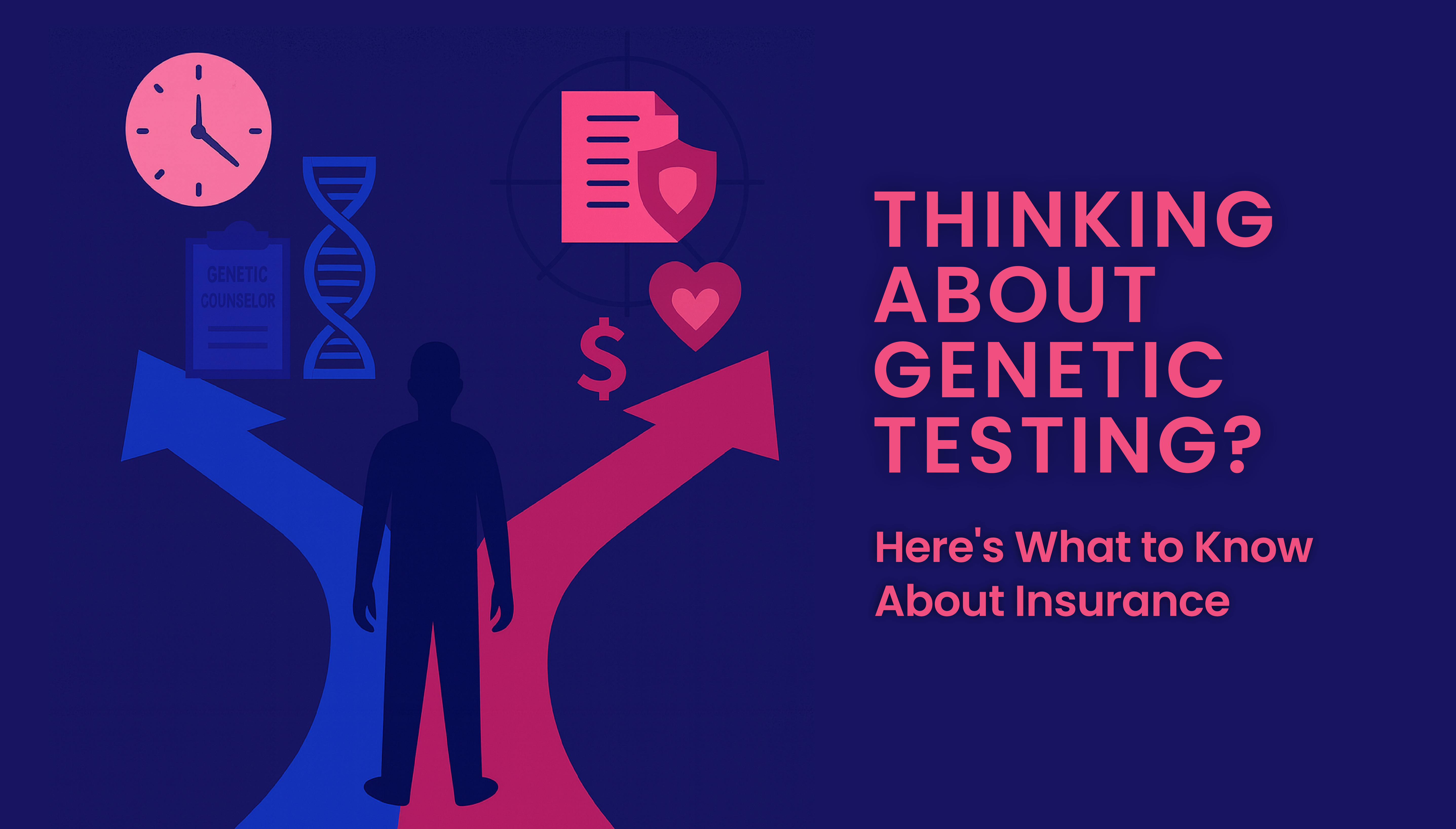 Silhouette of a person standing at a forked path with icons of a clock, genetic counselor clipboard, DNA strand, insurance document, heart, and dollar sign, alongside the text 'Thinking About Genetic Testing? Here's What to Know About Insurance.'
