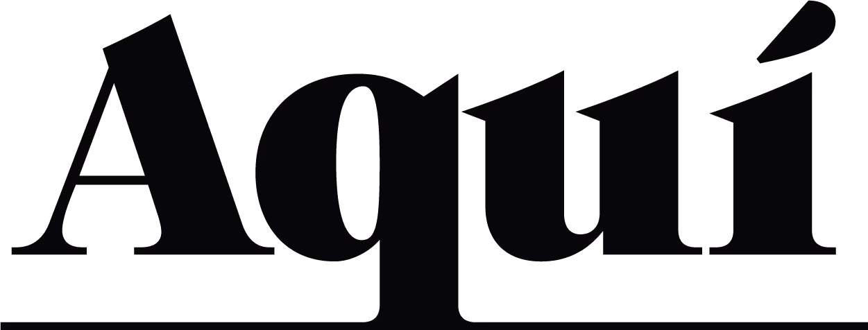 A black and white image of the Aqui logo