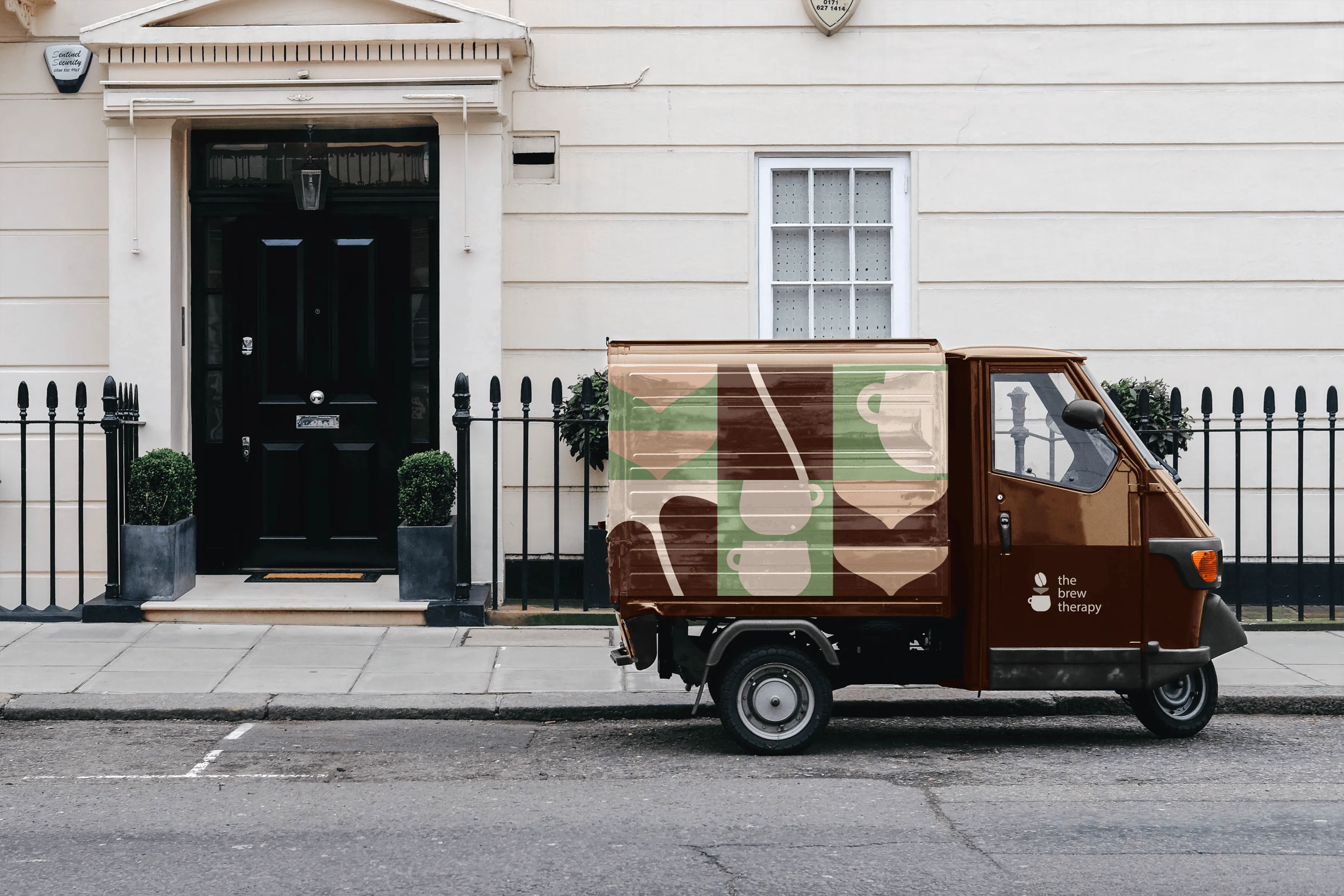 A delivery truck parked on the side of the street