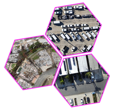 Three aerial hexagon-shaped views showing a parking lot with white vehicles, a burned neighborhood with debris, and a rooftop parking area with solar panels.
