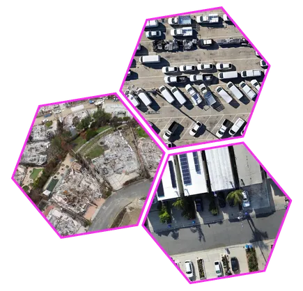 Three aerial hexagon-shaped views showing a parking lot with white vehicles, a burned neighborhood with debris, and a rooftop parking area with solar panels.