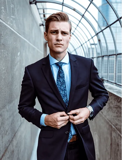 Young man in a suit buttoning his jacket, standing in a tunnel with a concrete wall and glass panels.