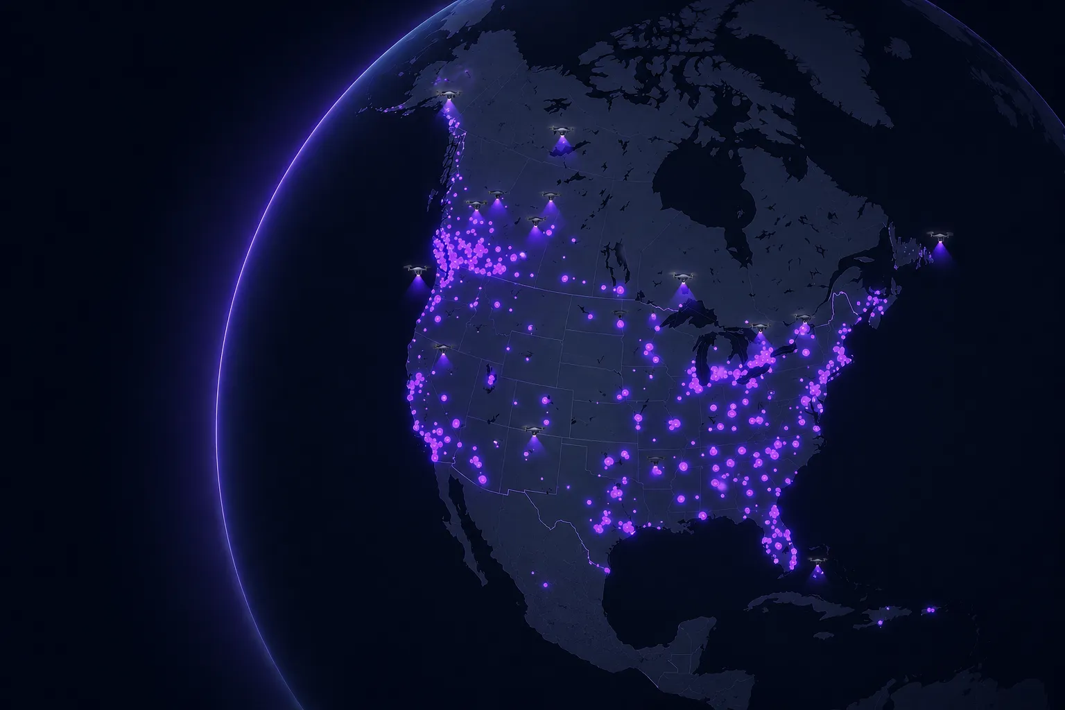 Map of North America with glowing purple dots and drones highlighting urban areas at night.