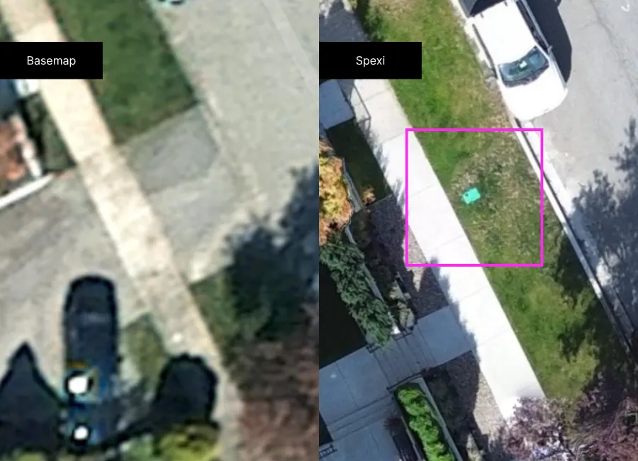 Side-by-side aerial views: blurry basemap on left, clearer Spexi map on right showing sidewalk and lawn with green object.