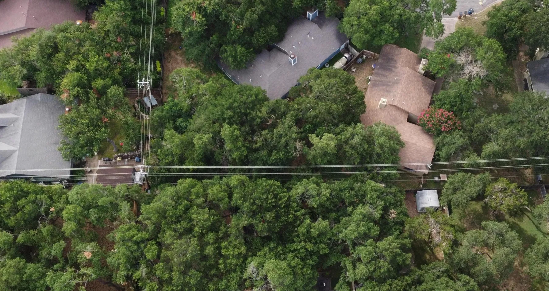 Aerial view of houses surrounded by dense trees and overhead power lines crossing the image.