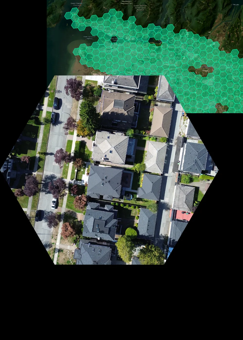 Aerial view of suburban houses with streets, sidewalks, trees, and cars in a hexagonal frame.