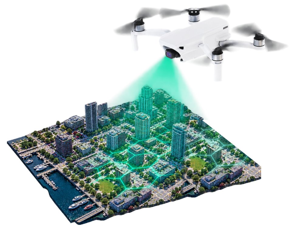 A drone shines a green capture beam onto a 3D model of a waterfront city, with glowing hexagons outlining the area being imaged.