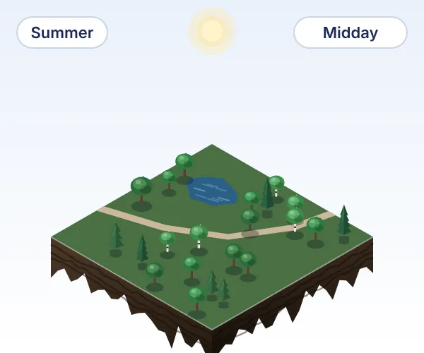 Illustrated 3D tile: Tree species, Maple, oak, birch, cherry, spruce, pine and aspen