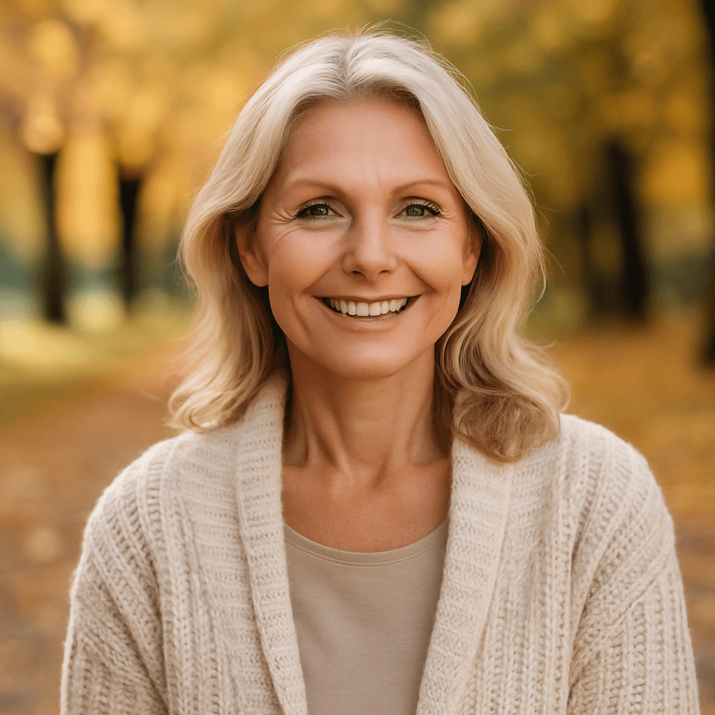 A realistic portrait of a radiant, middle-aged woman smiling outdoors in a serene autumn setting. Her healthy glow and confident expression symbolize wellness and vitality during menopause.