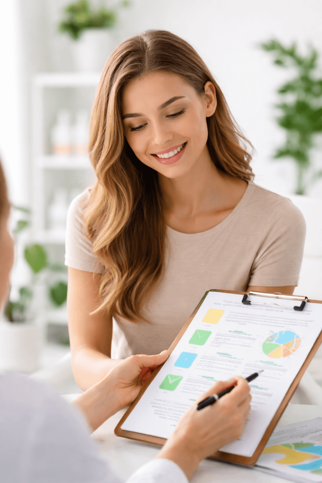 Woman reviewing personalized functional medicine plan for PCOS treatment in Trinity, Florida focused on hormone balance and whole-body health