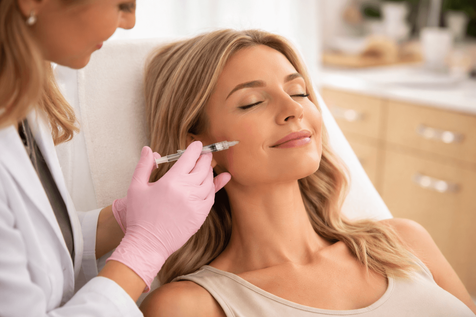 Patient receiving Radiesse treatment at a medical spa in Hingham, Massachusetts, for natural facial contouring and collagen support