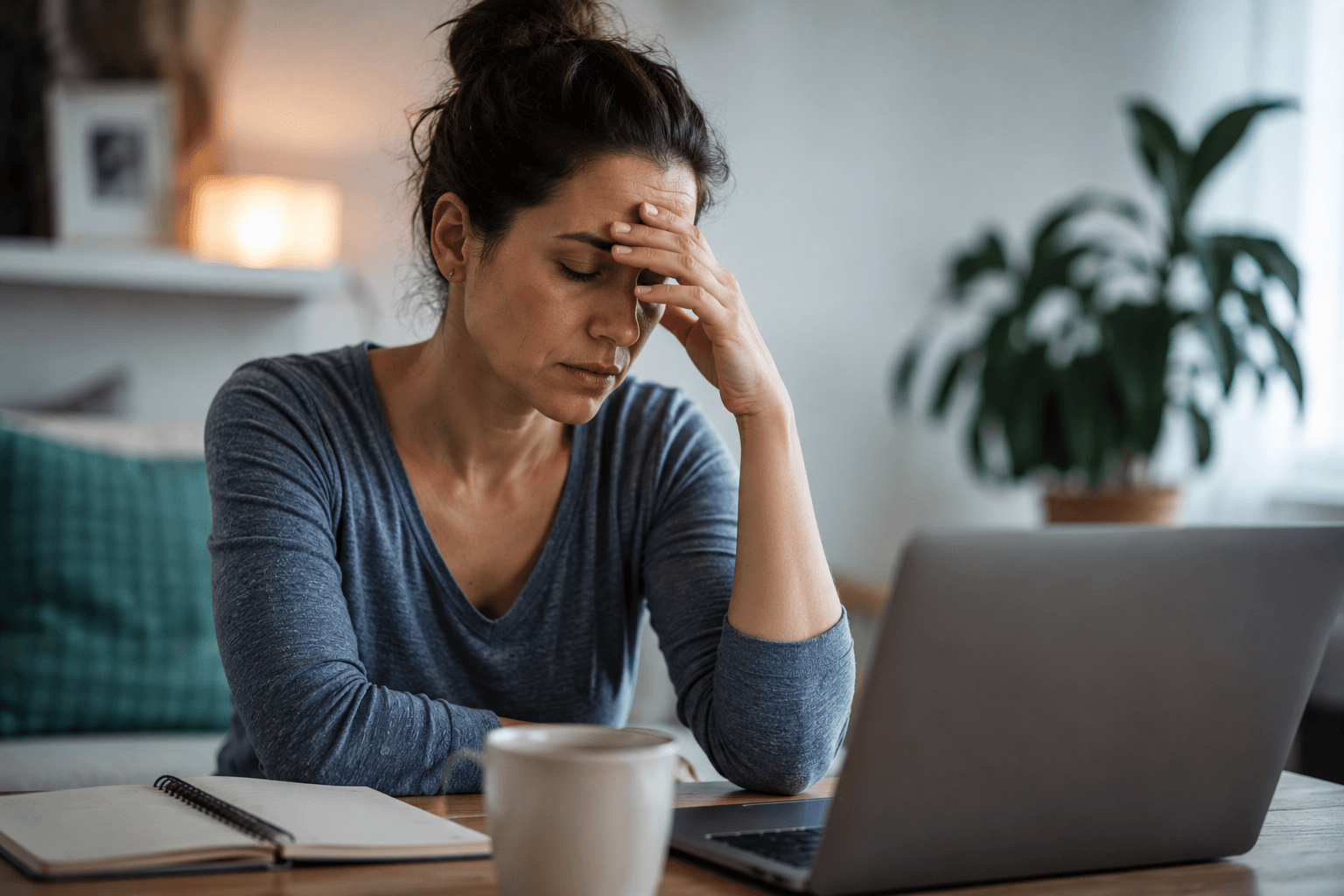 woman feeling fatigued and stressed sitting indoors reflecting low energy and hormonal imbalance in Hingham Massachusetts