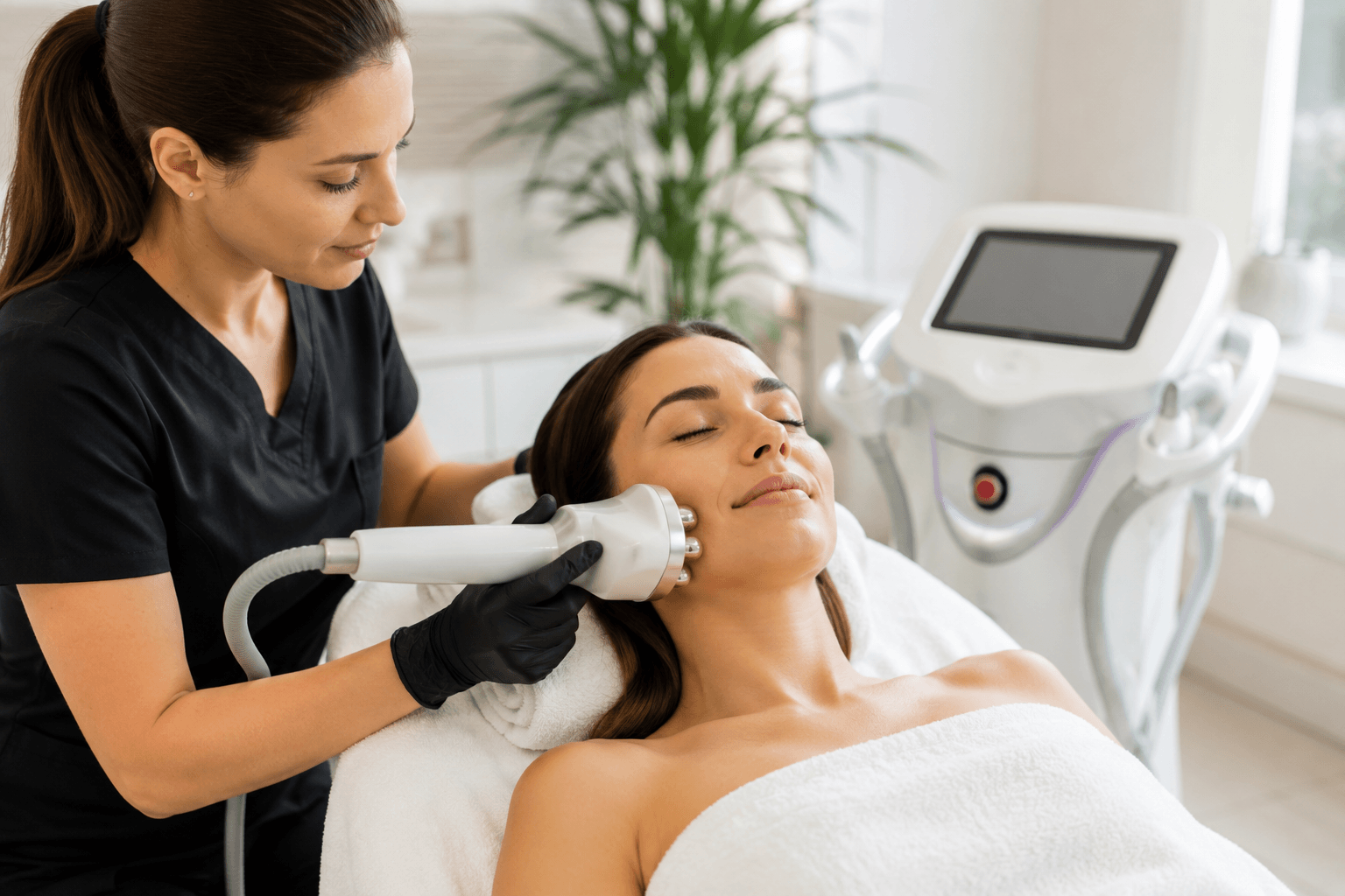 Woman receiving a non-invasive Venus Legacy skin tightening treatment at a wellness center in Hingham, Massachusetts