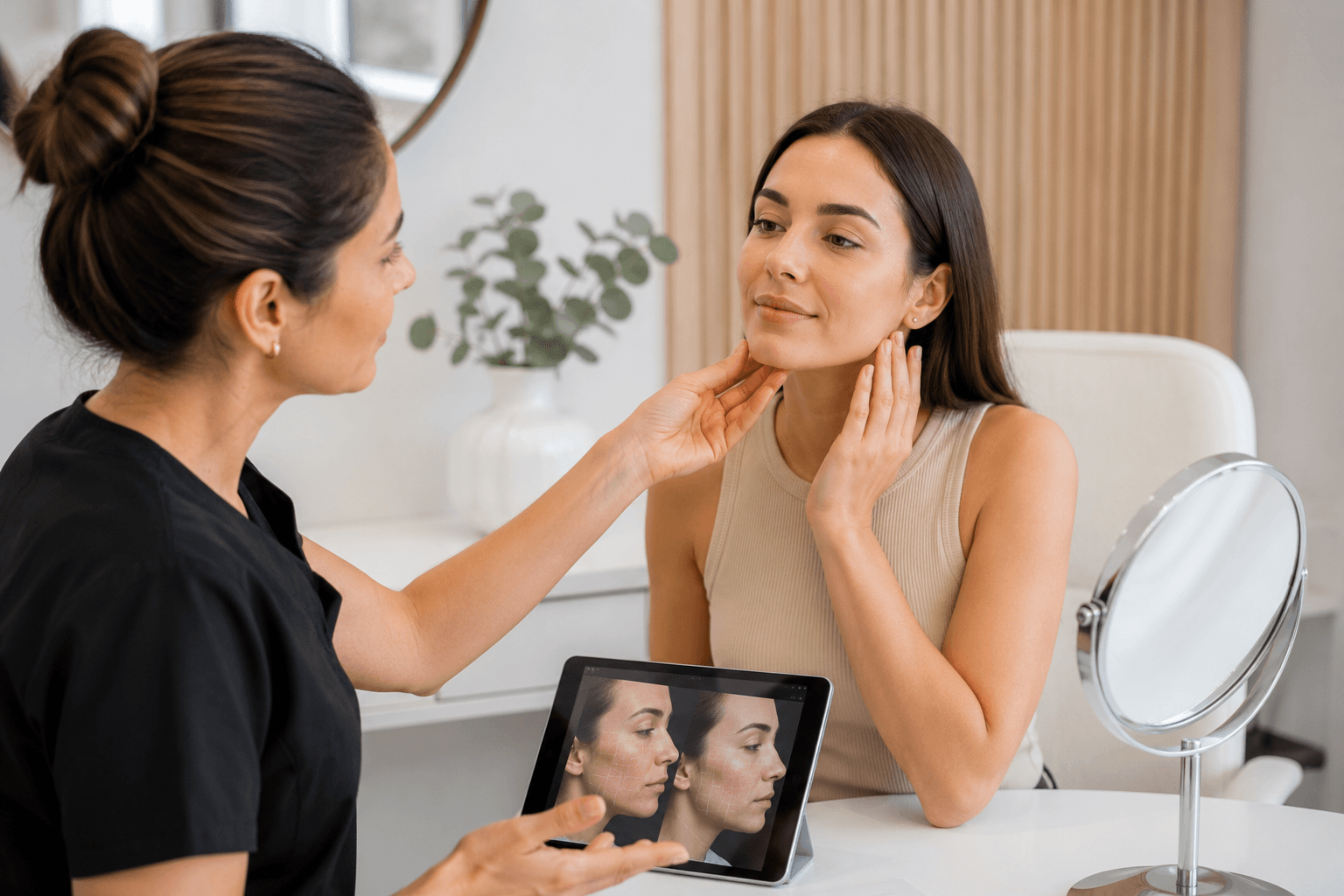 Client consulting with a specialist about non-surgical skin tightening treatment in Hingham, Massachusetts