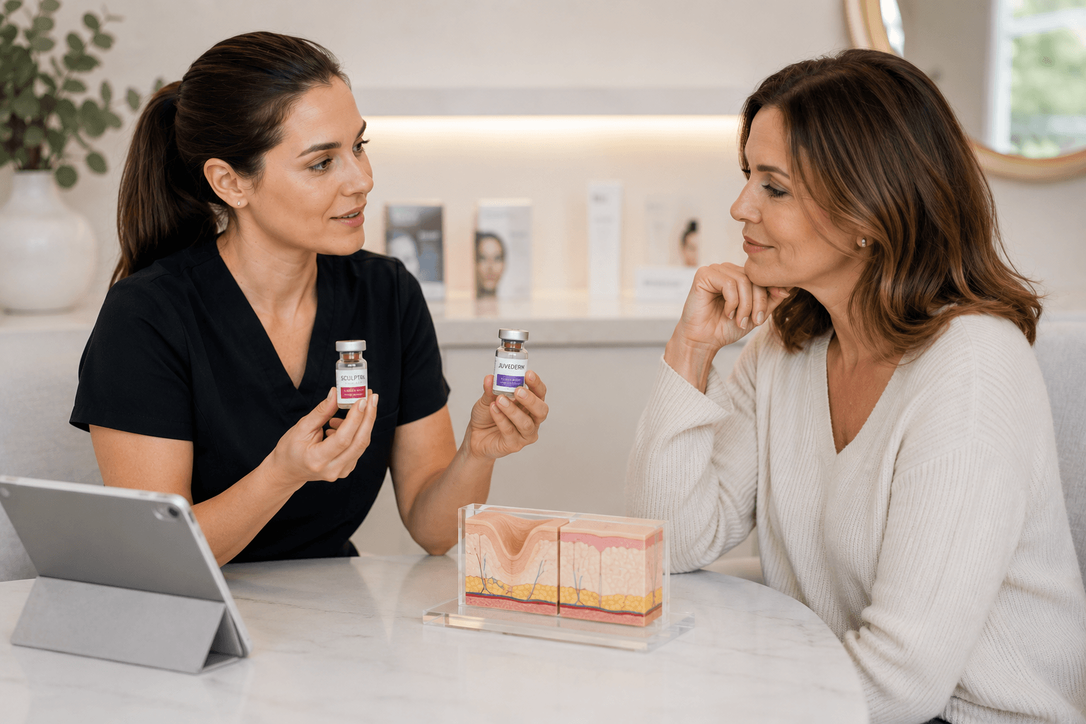 Provider discussing Sculptra collagen stimulator treatment with a client in Hingham, Massachusetts