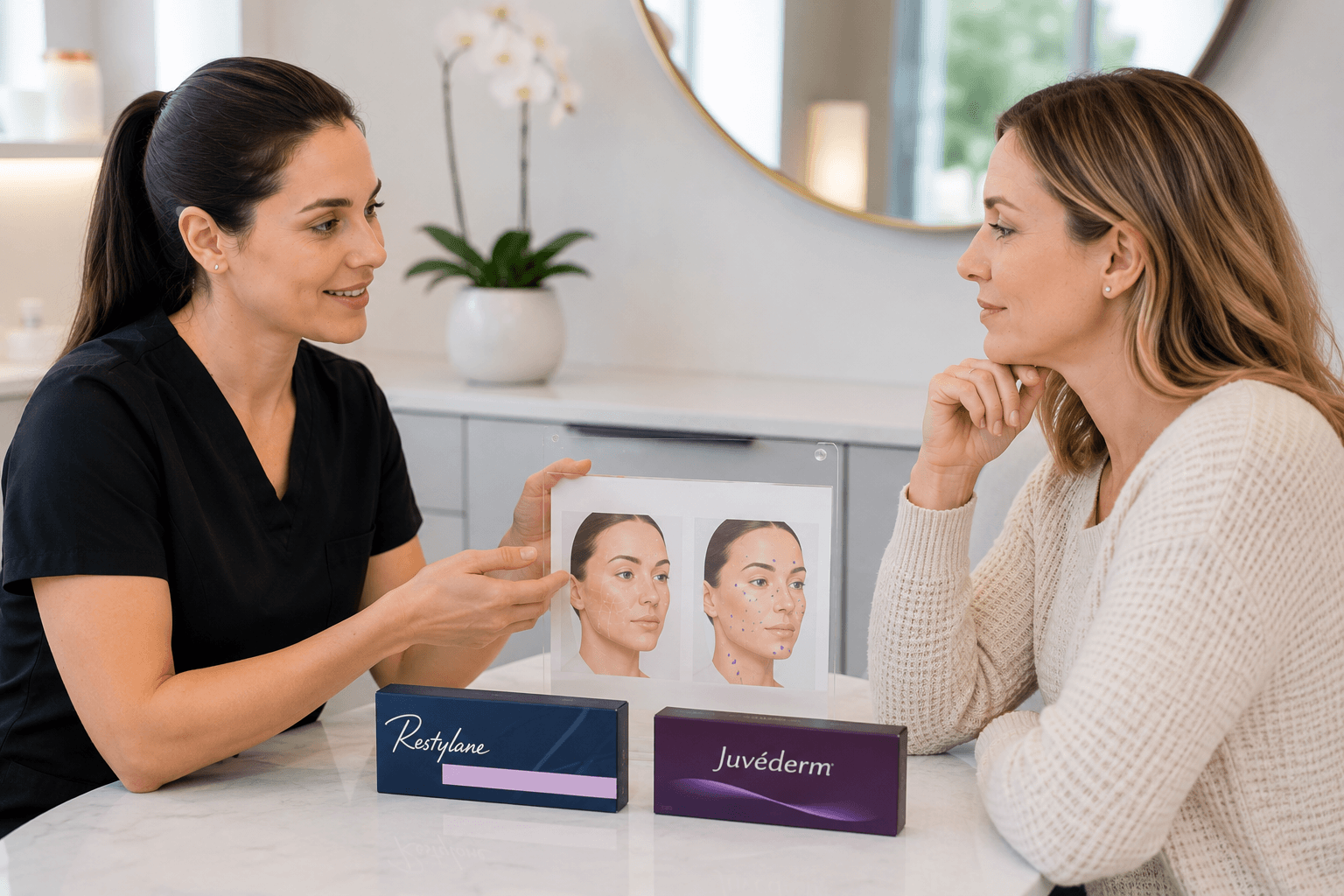 Provider comparing Restylane and Juvederm dermal filler options with a client in Hingham, Massachusetts