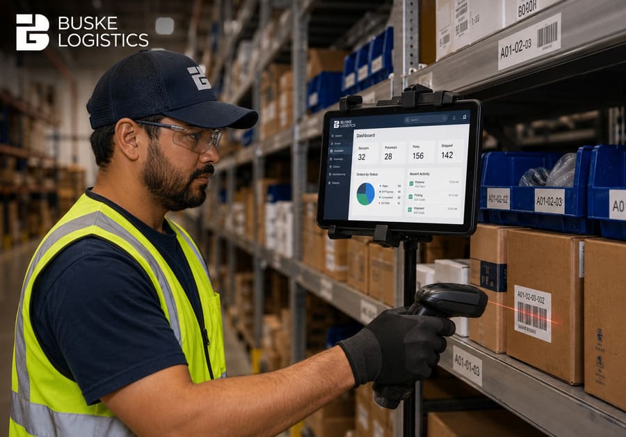 Warehouse worker scanning inventory with a barcode scanner and WMS interface