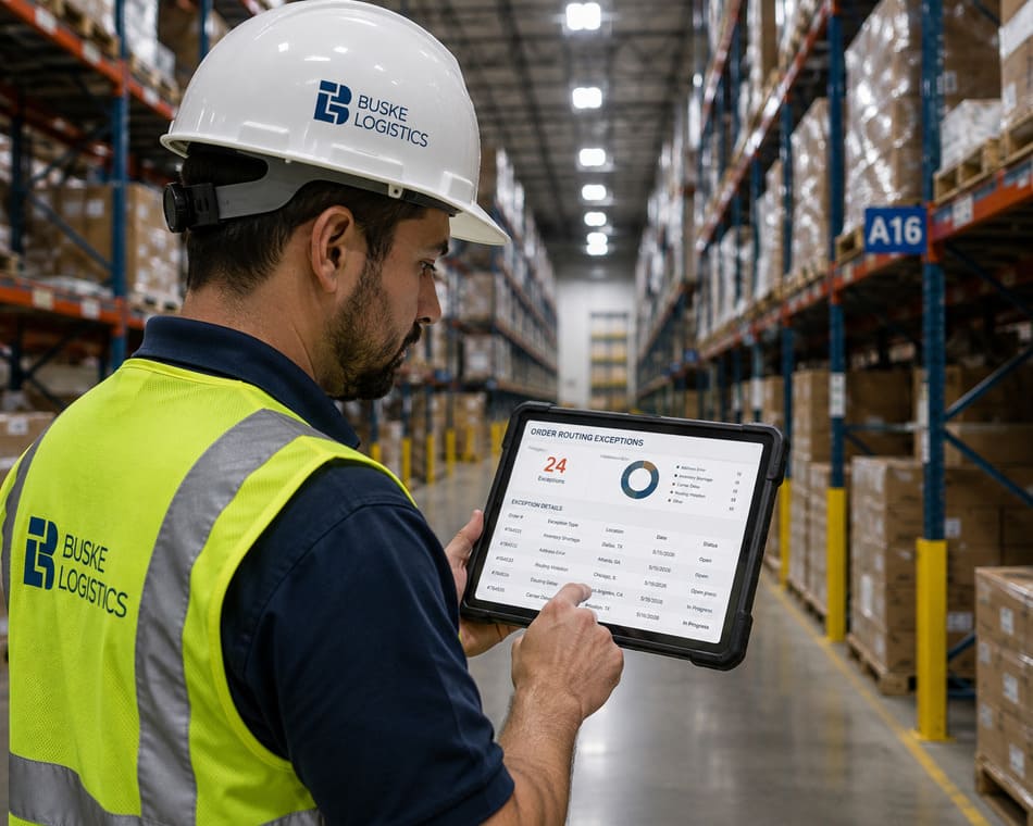 A logistics professional reviewing routing exception reports