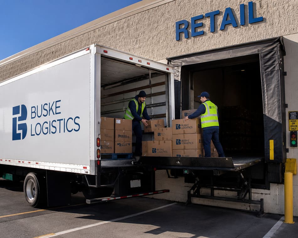 Consumer packaged goods unloaded at a retail store loading dock.