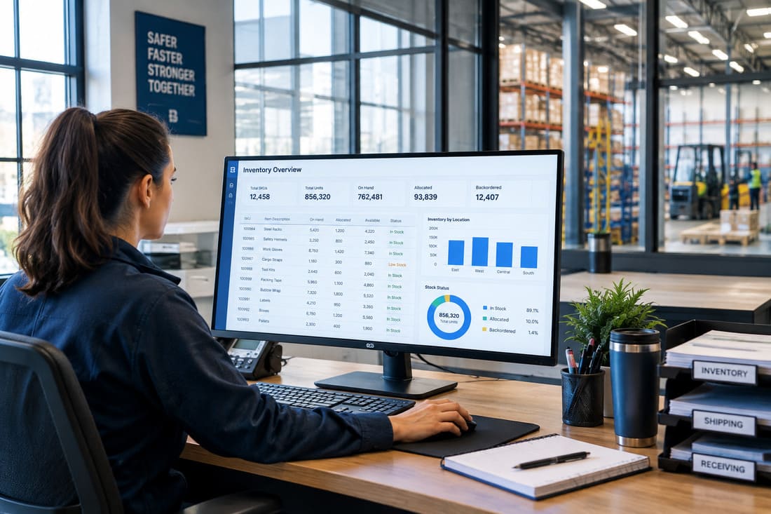 A warehouse operations manager reviewing inventory reports inside a distribution facility.