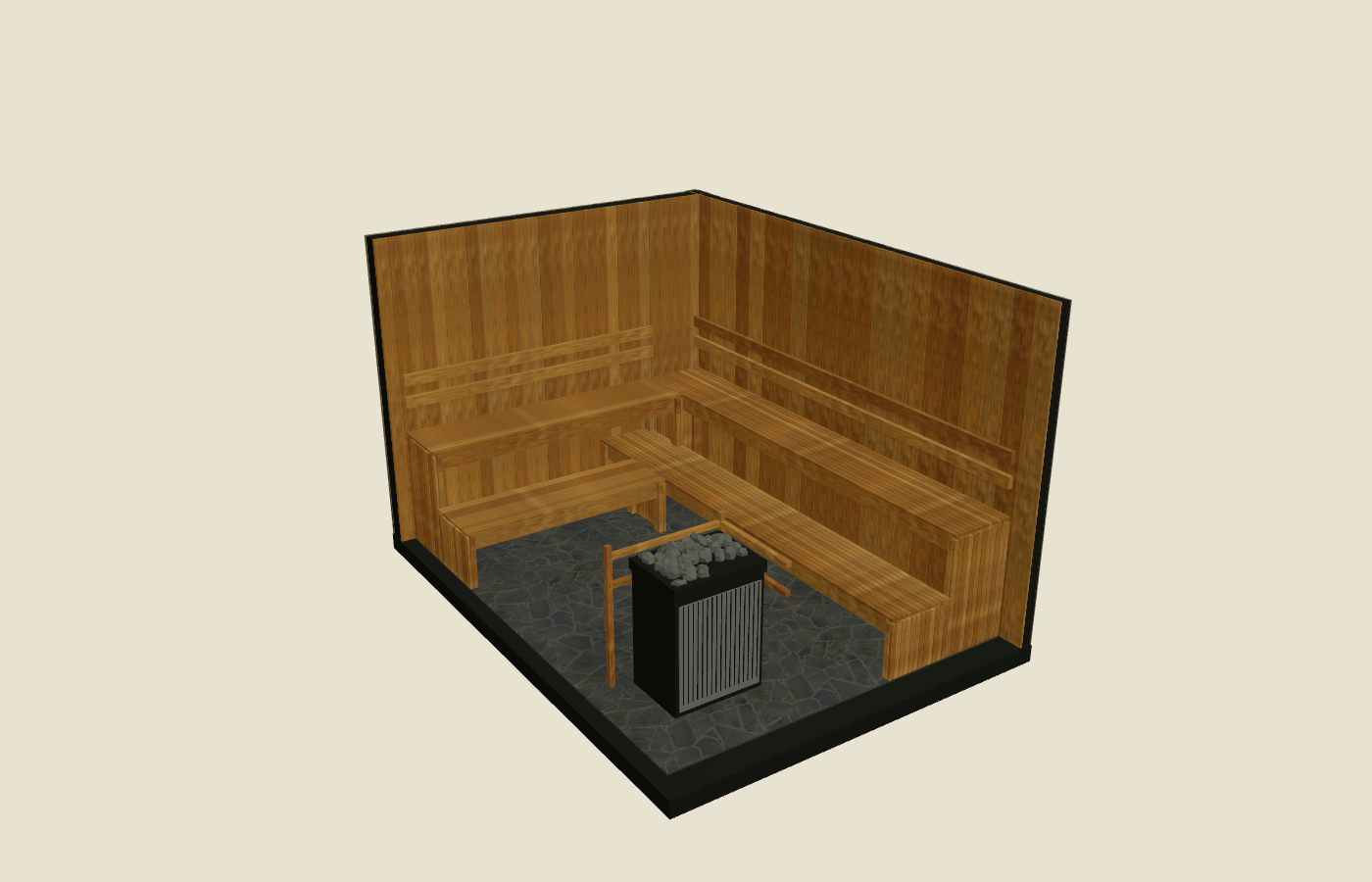 Northland Fitness interior with two levels of L-shaped cedar benches and electric heater