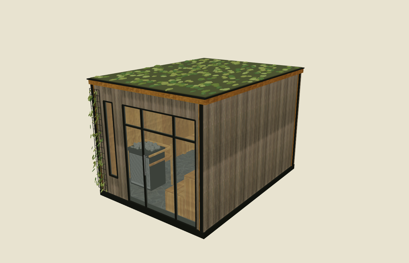 Northland Fitness sauna exterior with glass front, vertical wood siding, planted roof and trellis