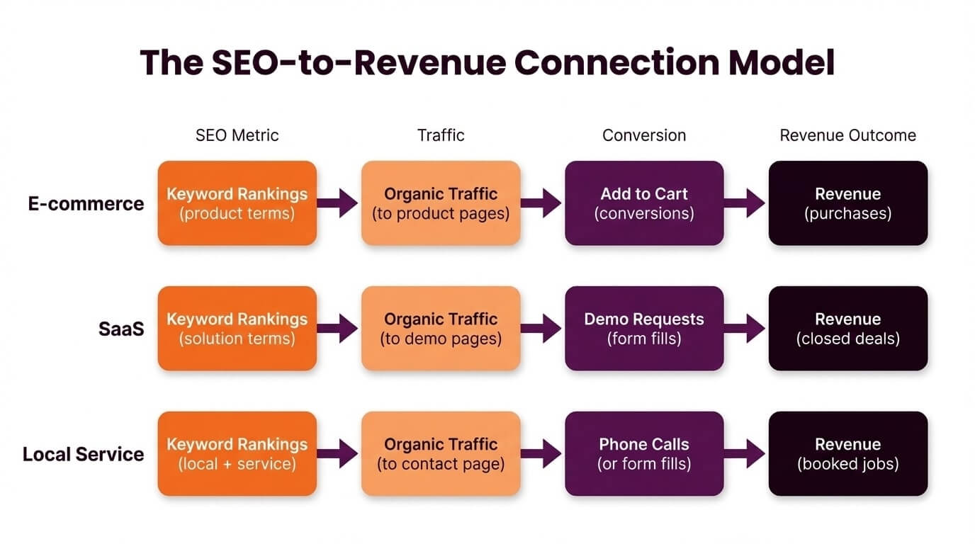 SEO to revenue connection framework diagram showing three parallel examples: SaaS model flowing from keyword rankings to organic traffic to demo pages to demo requests to sales; e-commerce model flowing from product keyword rankings to category page traffic to add-to-cart actions to purchases; and local service model flowing from near me search rankings to Google Business Profile clicks to phone calls to booked appointments.