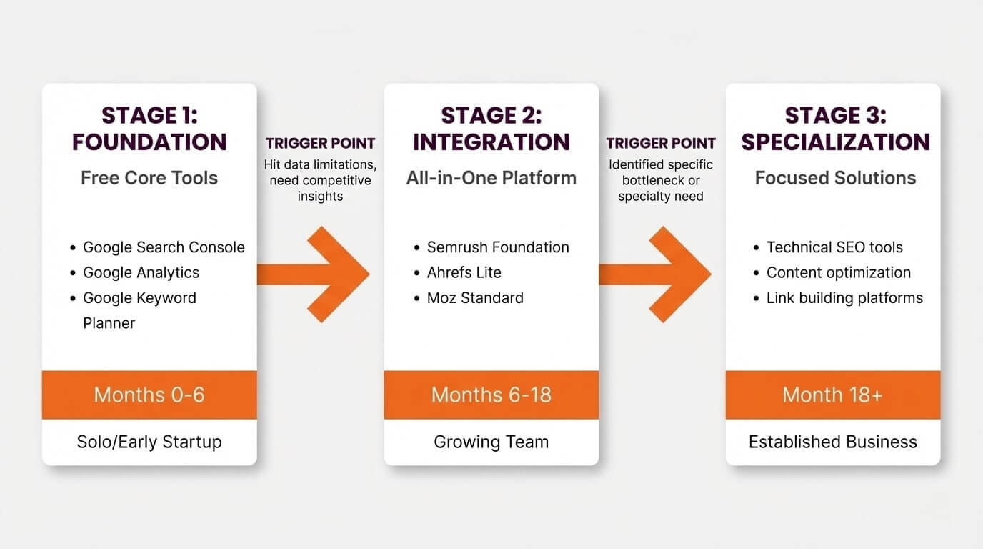 SEO tool evolution timeline showing four progressive stages. Stage 1: Free tools including Google Search Console and Google Analytics for businesses just starting SEO. Stage 2: Graduation trigger when hitting 16-month data limit or needing competitor insights. Stage 3: All-in-one platforms like Semrush or Ahrefs for comprehensive visibility. Stage 4: Specialized tools added when specific bottlenecks are identified in technical SEO, content, or local search performance.